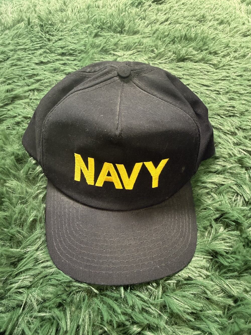 Vintage "NAVY" Embroidered Black Snapback Hat Cap Made in USA Military Theme